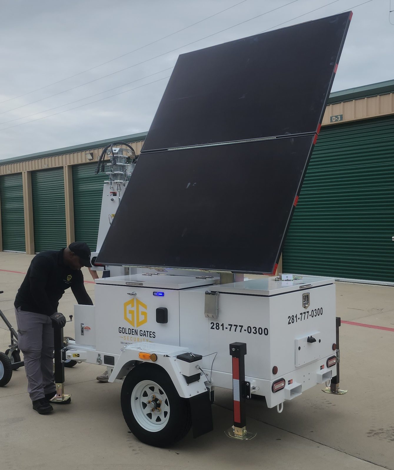 Golden Gates Security solar surveillance trailer for sale with solar panels raised